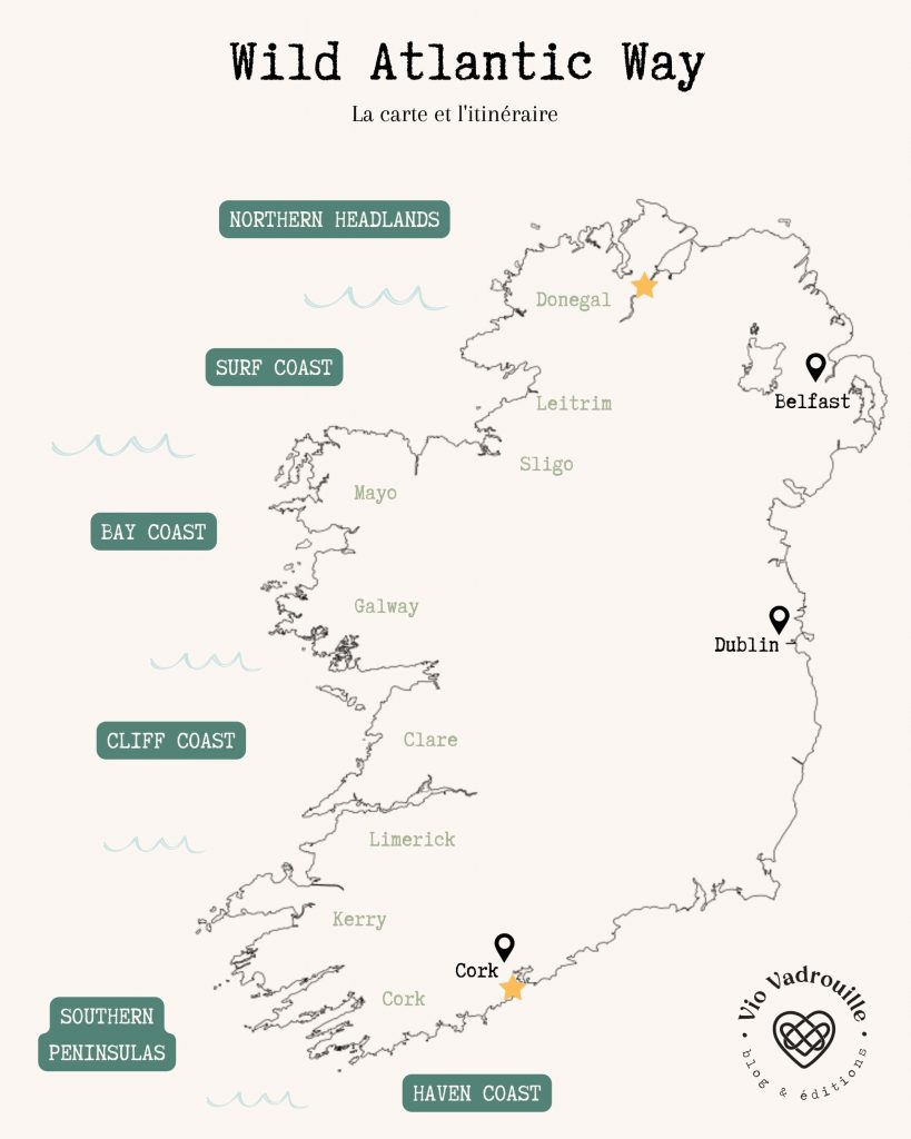 Carte et itinéraire sur le Wild Atlantic Way en Irlande